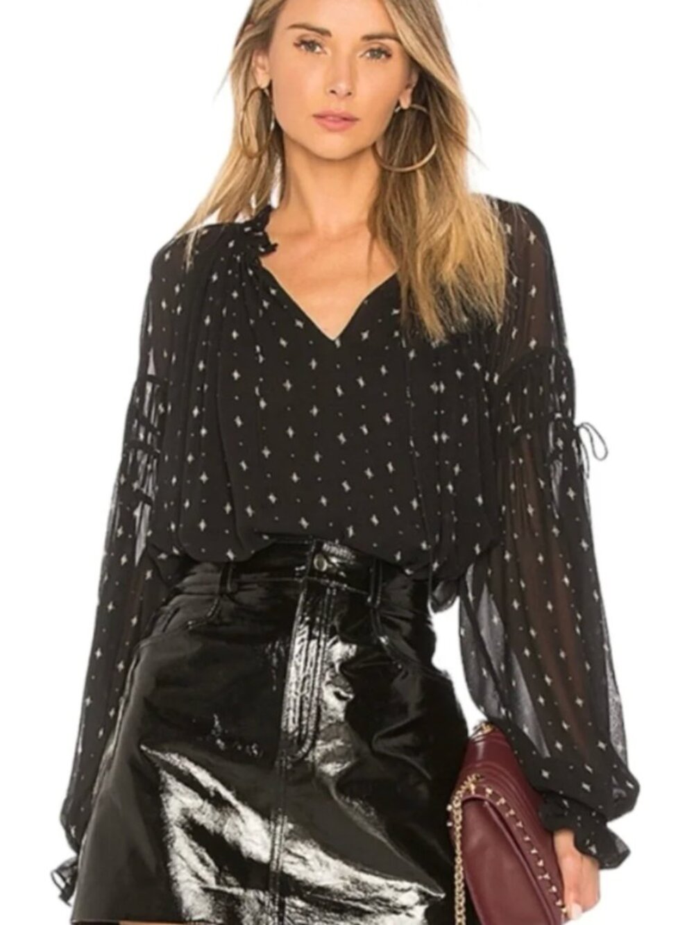 Joie Silk black geo print sheer long sleeve boho peasant blouse top M